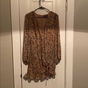 Taupe Floral Print Ruched Long Sleeve Mini Dress